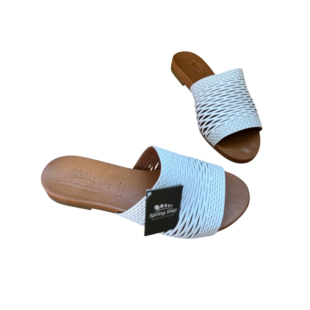 New Spring Step White Laser Cut Woven Slide Sandals Leather Footbed Womens 40 EU